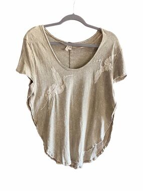 FREE PEOPLE The Iconic Tee Top Linen Embroidered Cranes Birds Green S
